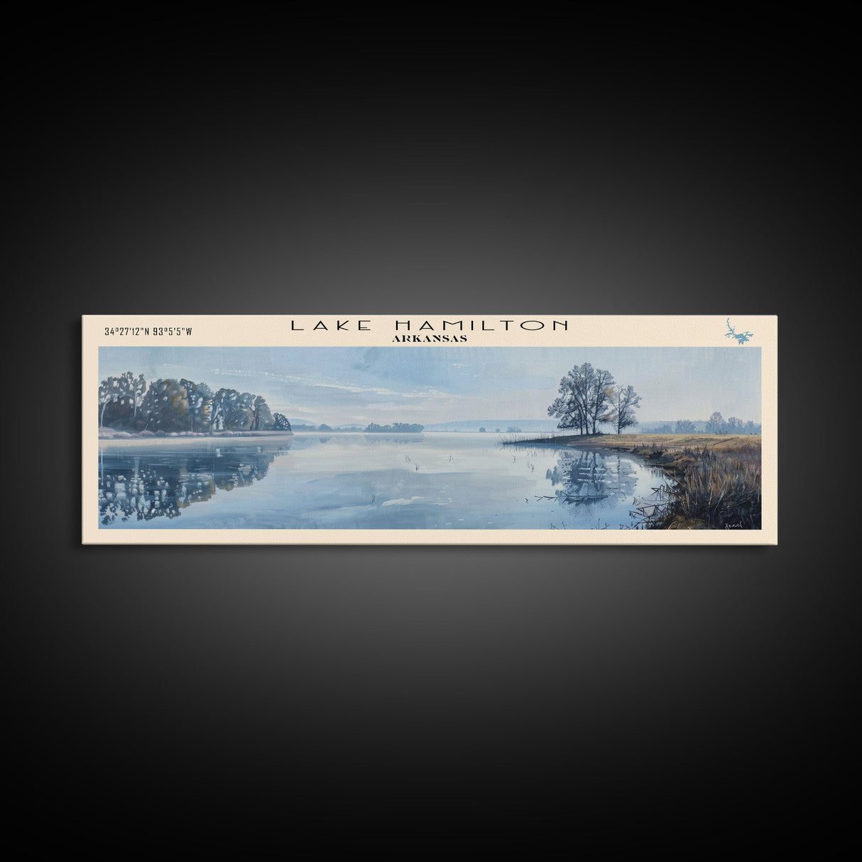 Lake Hamilton Arkansas Framed Canvas Print, Lake House Decor, Panoramic Wall Art, Travel Poster, Beautiful Lake Painting, Home Art