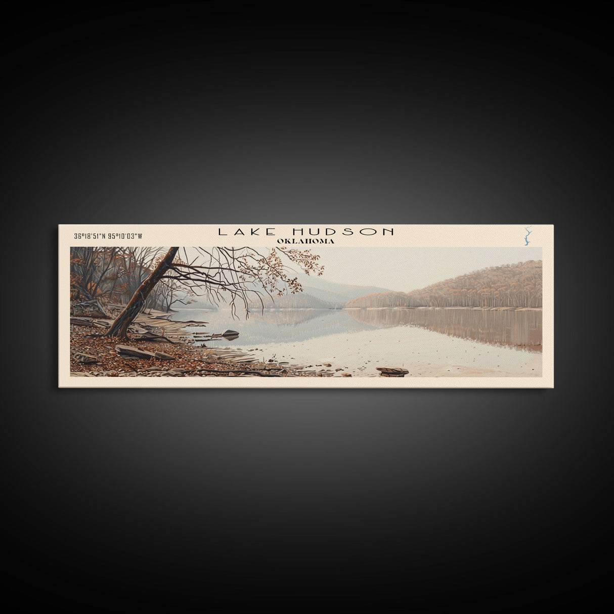 Lake Hudson Oklahoma Framed Canvas Print, Lake House Decor, Panoramic Wall Art, Travel Poster, Serene Lake Painting, Nature Art