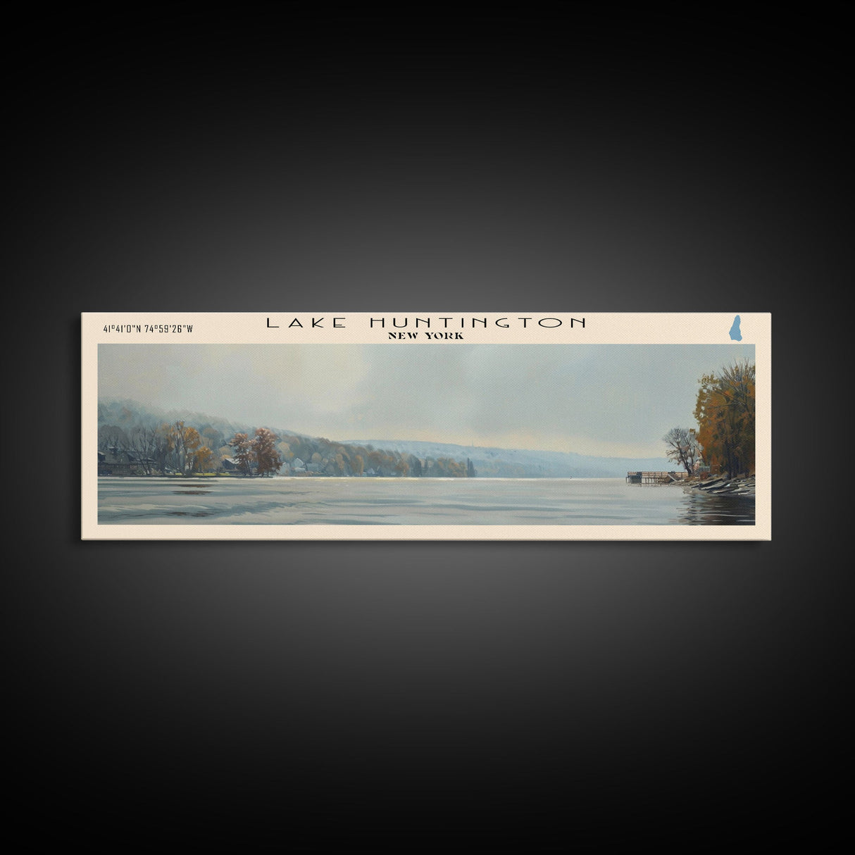 Lake Huntington New York Framed Canvas Print, Lake House Decor, Panoramic Wall Art, Travel Poster, Scenic Landscape Painting, Nature Art