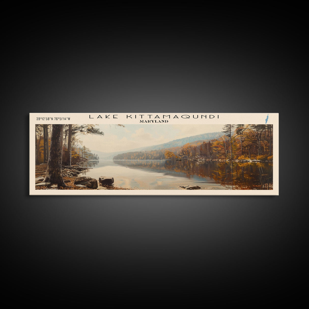 Lake Kittamaqundi Maryland Framed Canvas Print, Lake House Decor, Panoramic Wall Art, Travel Poster, Stunning Lake Painting, Home Art