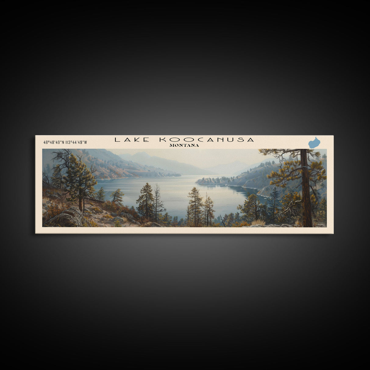 Lake Koocanusa Montana Framed Canvas Print, Lake House Decor, Panoramic Wall Art, Travel Poster, Serene Lake Painting, Nature Art