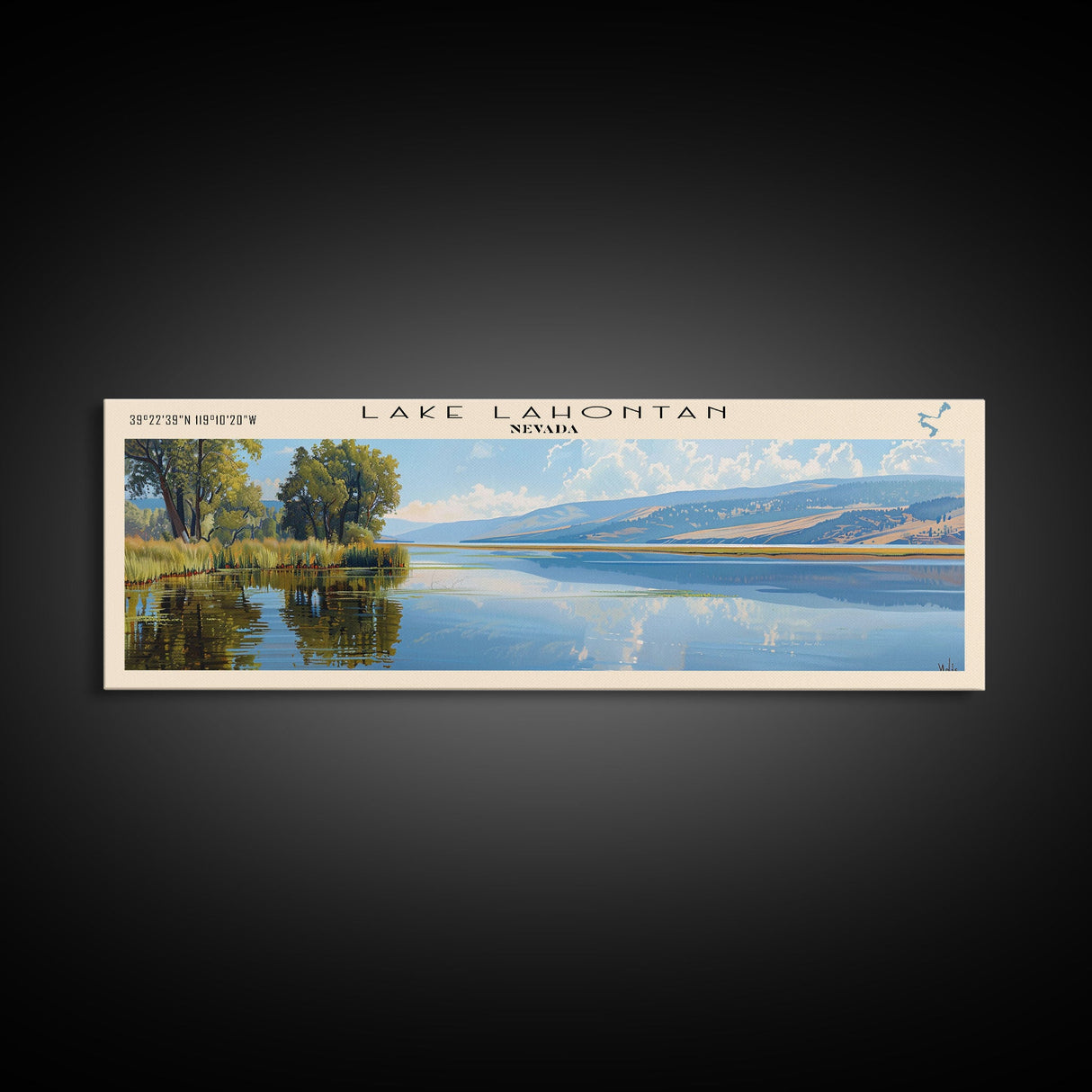 Lake Lahontan Nevada Framed Canvas Print, Lake House Decor, Panoramic Wall Art, Travel Poster, Beautiful Lake Painting, Home Art