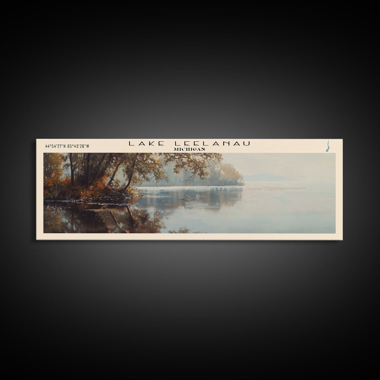 Lake Leelanau Michigan Framed Canvas Print, Lake House Decor, Panoramic Wall Art, Travel Poster, Serene Waterscape Painting, Rustic Art