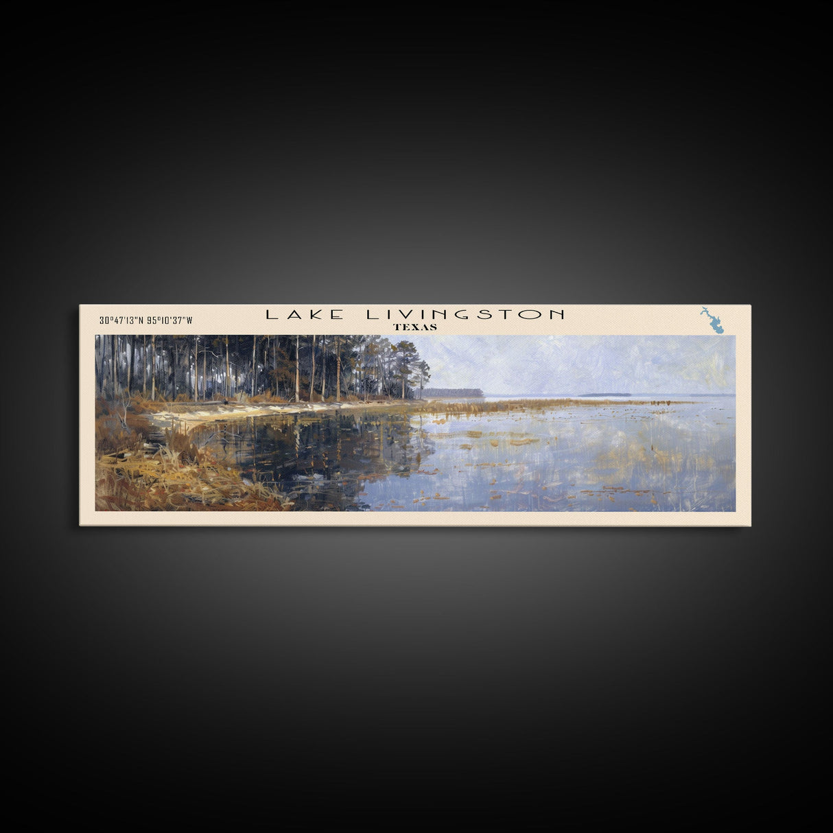 Lake Livingston Texas Framed Canvas Print, Lake House Decor, Panoramic Wall Art, Travel Poster, Scenic Lakeside Painting, Nature Print