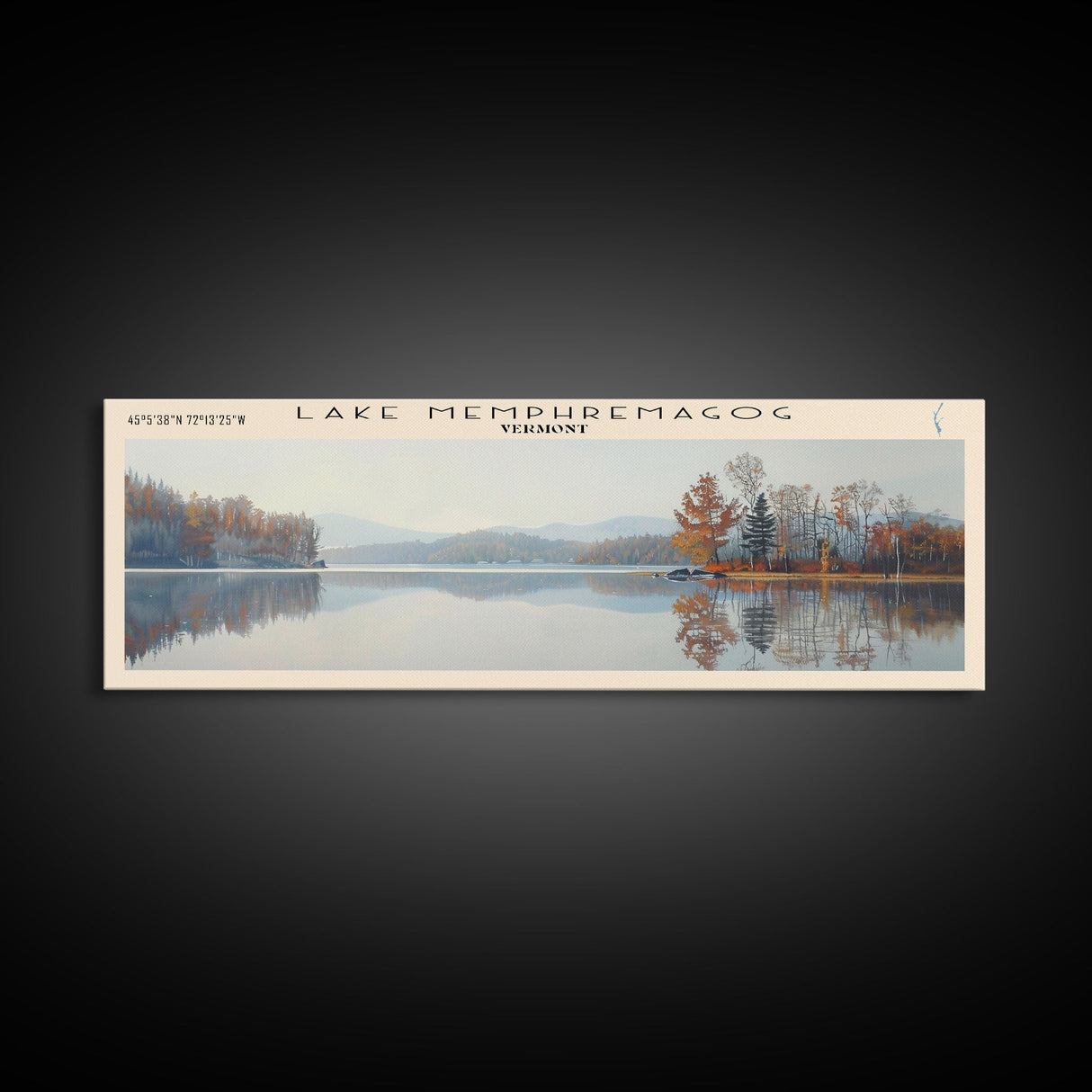 Lake Memphremagog Vermont Framed Canvas Print, Lake House Decor, Panoramic Wall Art, Travel Poster, Beautiful Landscape Painting, Bedroom Decor