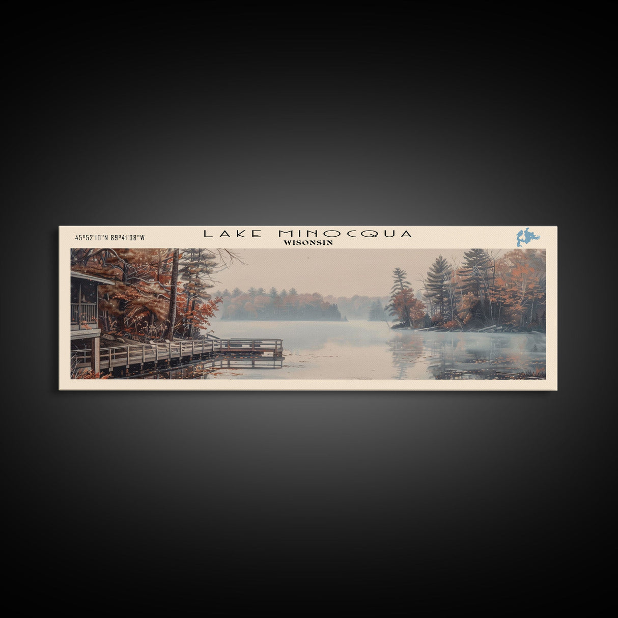 Lake Minocqua Wisconsin Framed Canvas Print, Lake House Decor, Panoramic Wall Art, Travel Poster, Scenic Landscape Painting, Living Room Decor