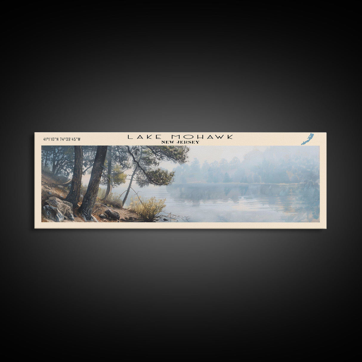 Lake Mohawk New Jersey Framed Canvas Print, Lake House Decor, Panoramic Wall Art, Travel Poster, Stunning Landscape Painting, Living Room Decor