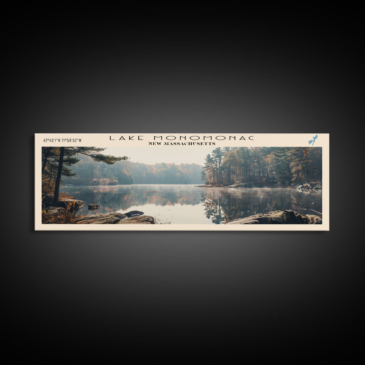 Lake Monomonac Massachusetts Framed Canvas Print, Lake House Decor, Panoramic Wall Art, Travel Poster, Stunning Landscape Painting, Living Room Decor