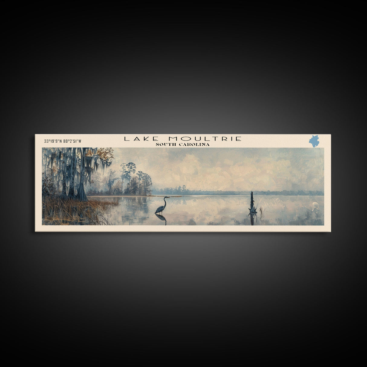 Lake Moultrie South Carolina Framed Canvas Print, Lake House Decor, Panoramic Wall Art, Travel Poster, Serene Landscape Painting, Bedroom Decor