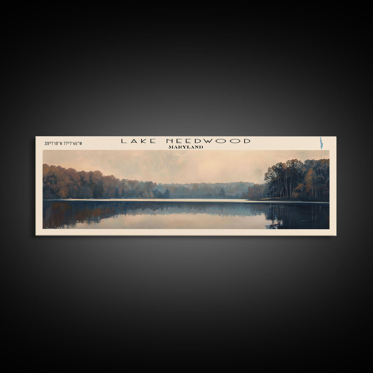 Lake Needwood Maryland Framed Canvas Print, Lake House Decor, Panoramic Wall Art, Travel Poster, Stunning Landscape Painting, Contemporary Art