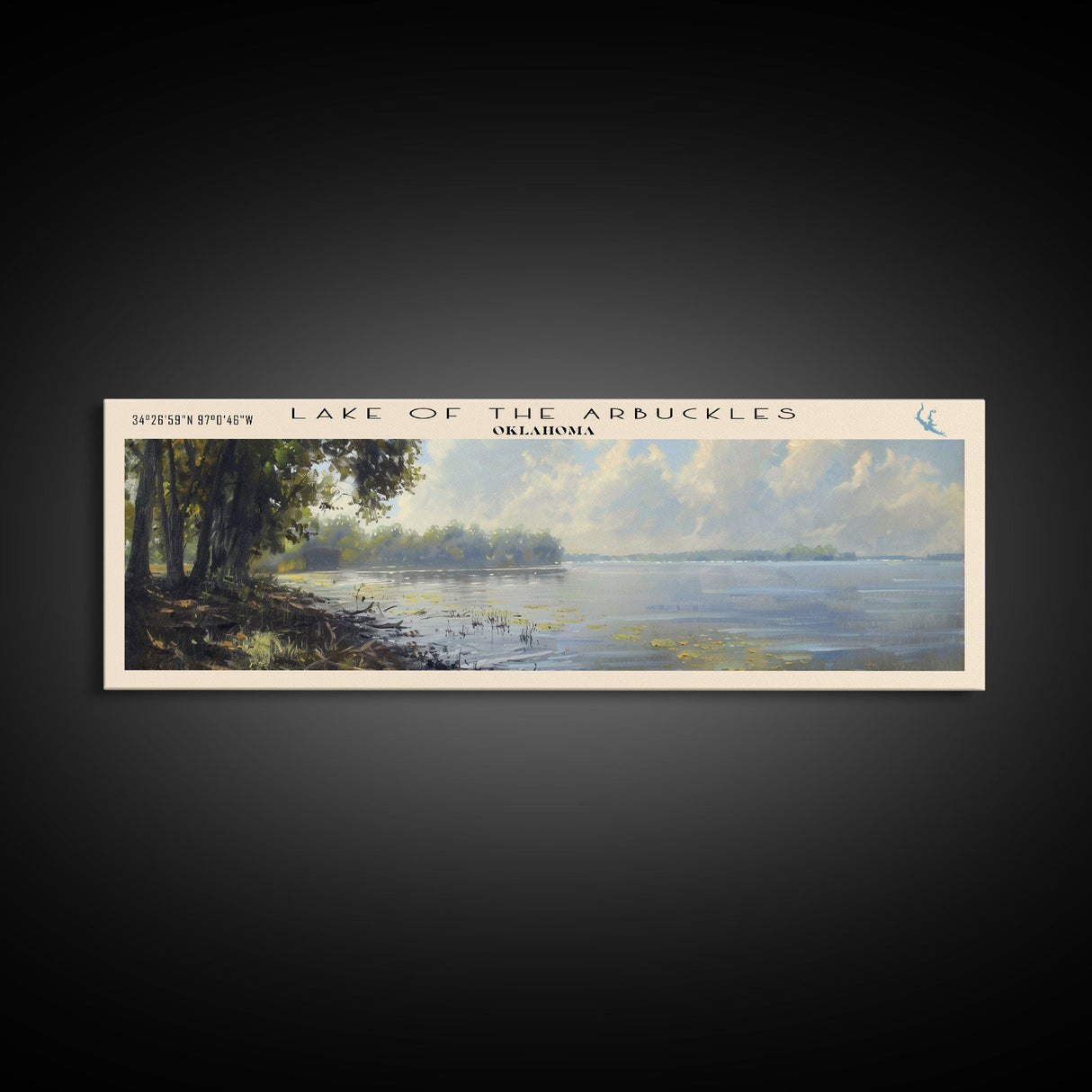 Lake Of The Arbuckles Oklahoma Framed Canvas Print, Lake House Decor, Panoramic Wall Art, Travel Poster, Scenic Landscape Painting, Bedroom Decor