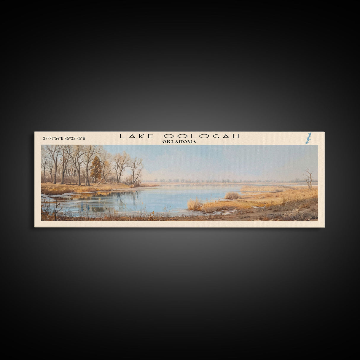 Lake Oologah Oklahoma Framed Canvas Print, Lake House Decor, Panoramic Wall Art, Travel Poster, Serene Landscape Painting, Bedroom Decor