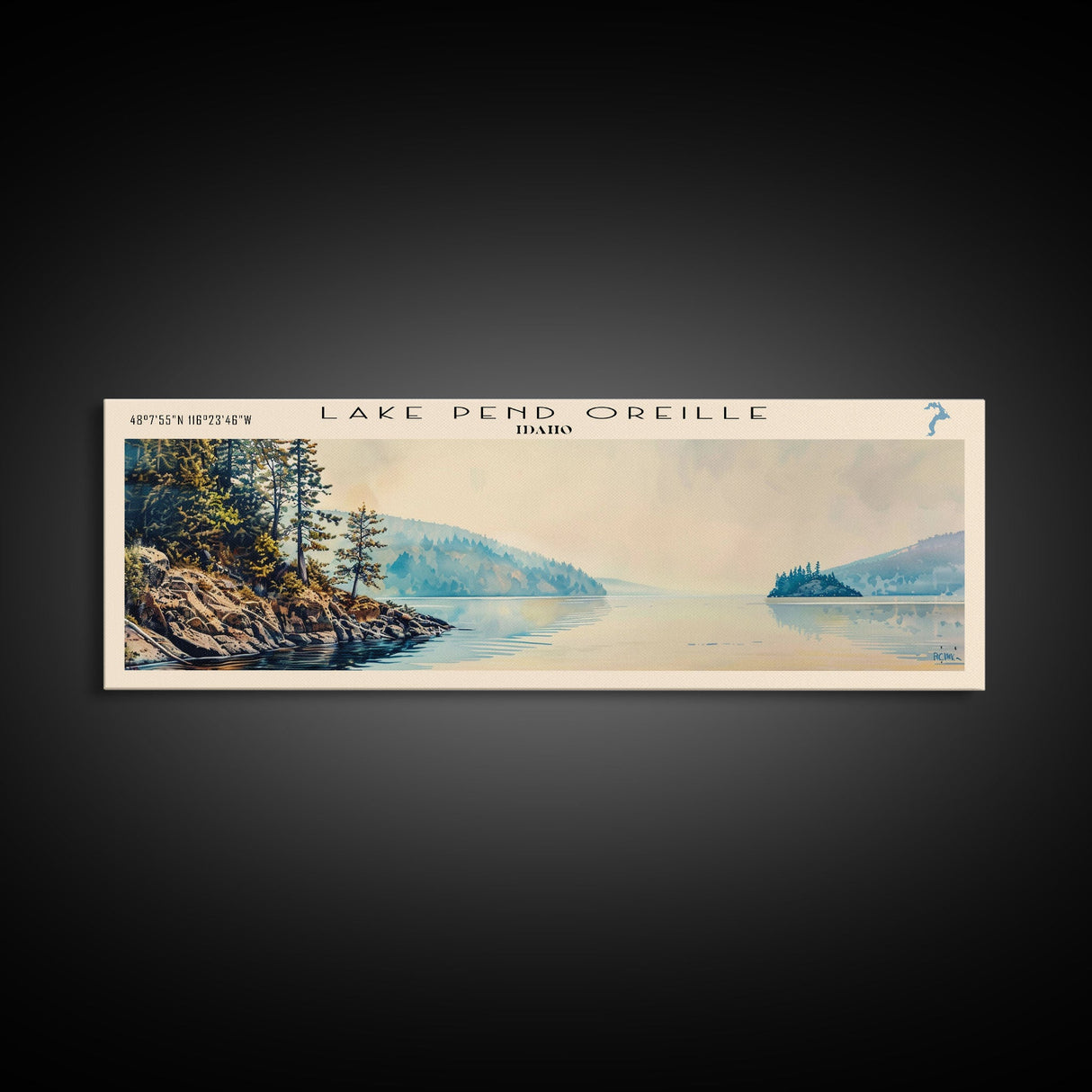 Lake Pendreille Framed Canvas Print, Lake House Decor, Panoramic Wall Art, Travel Poster, Beautiful Landscape Painting, Modern Art