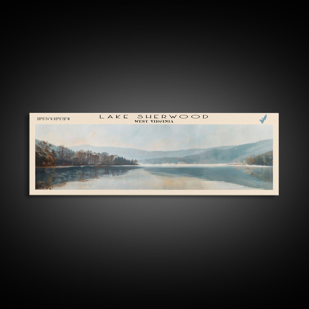 Lake Sherwood West Virginia Framed Canvas Print, Lake House Decor, Panoramic Wall Art, Travel Poster, Serene Landscape Painting, Living Room Decor