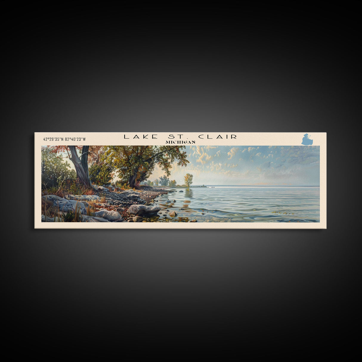 Lake St. Clair Michigan Framed Canvas Print, Lake House Decor, Panoramic Wall Art, Travel Poster, Serene Landscape Painting, Rustic Art