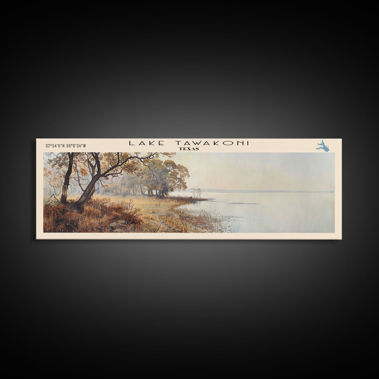 Lake Tawakoni Framed Canvas Print, Lake House Decor, Panoramic Wall Art, Travel Poster, Serene Landscape Painting, Modern Art