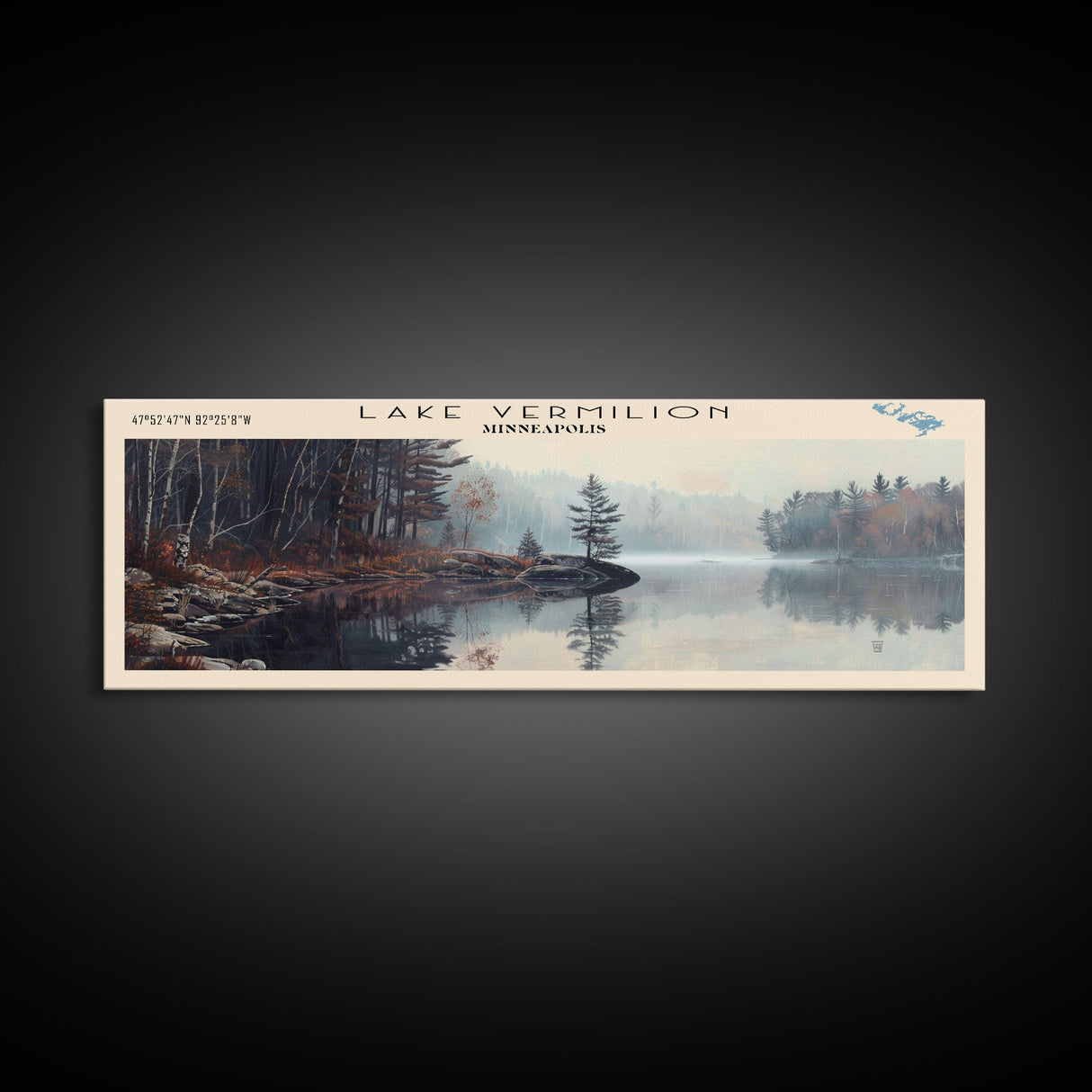 Lake Vermilion Minneapolis Framed Canvas Print, Lake House Decor, Panoramic Wall Art, Travel Poster, Scenic Landscape Painting, Rustic Art