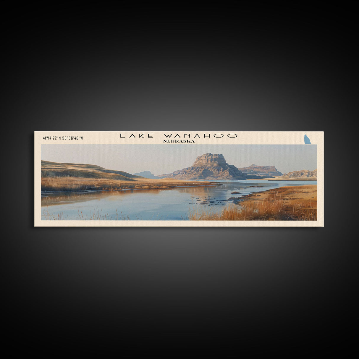 Lake Wanahoo Nebraska Framed Canvas Print, Lake House Decor, Panoramic Wall Art, Travel Poster, Landscape Painting, Bedroom Decor