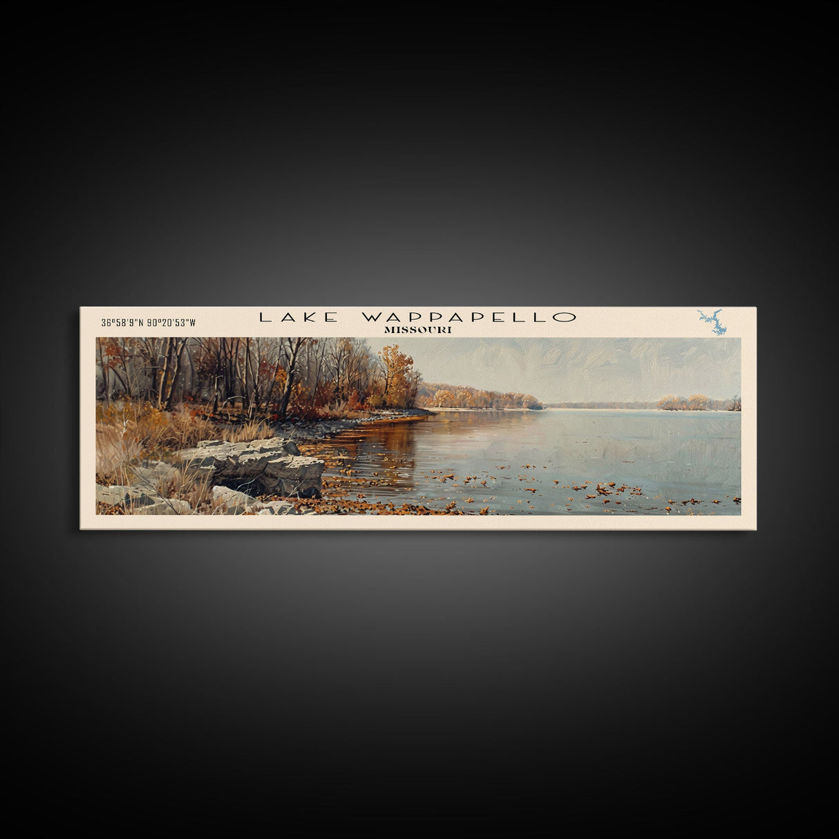 Lake Wappapello Missouri Framed Canvas Print, Lake House Decor, Panoramic Wall Art, Travel Poster, Scenic Landscape Painting, Contemporary Art