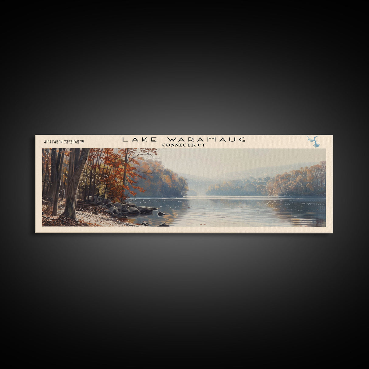 Lake Waramaug Connecticut Framed Canvas Print, Lake House Decor, Panoramic Wall Art, Travel Poster, Beautiful Landscape Painting, Rustic Art