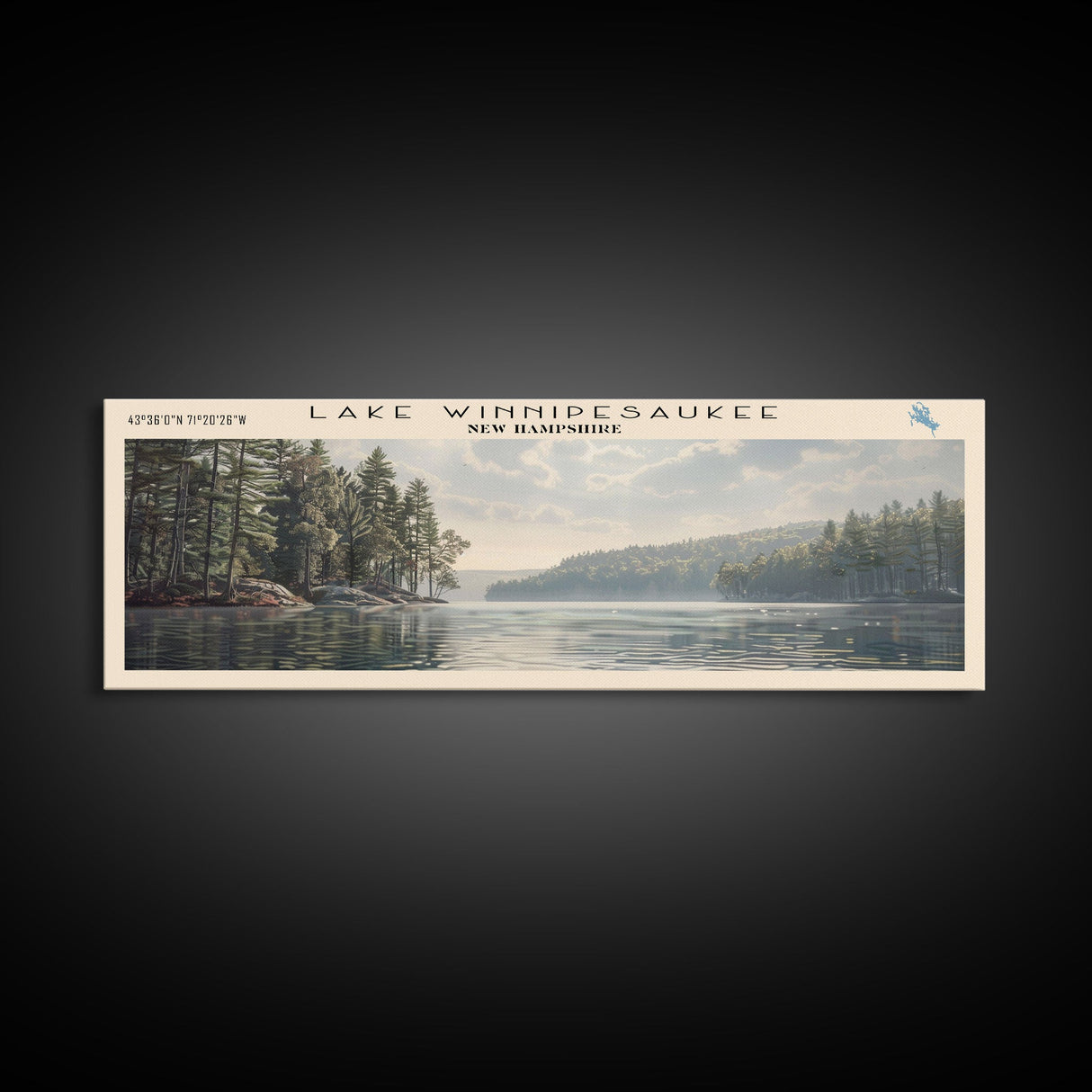 Lake Winnipesaukee Framed Canvas Print, Lake House Decor, Panoramic Wall Art, Travel Poster, Landscape Painting, Modern Art