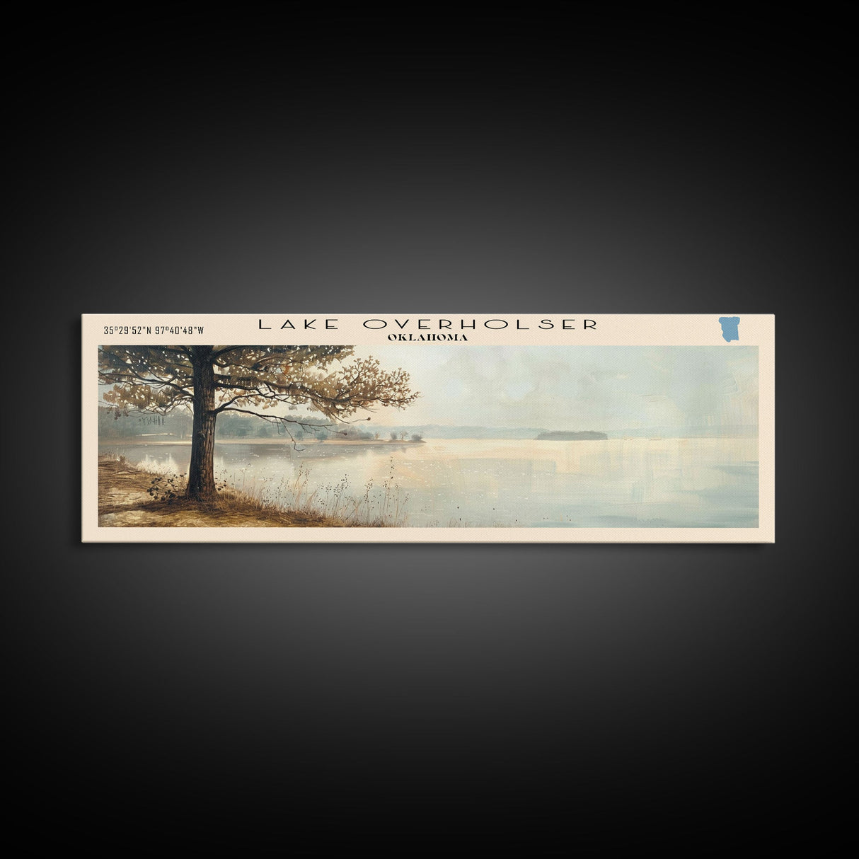 Lake Verholser Oklahoma Framed Canvas Print, Lake House Decor, Panoramic Wall Art, Travel Poster, Landscape Painting, Contemporary Art