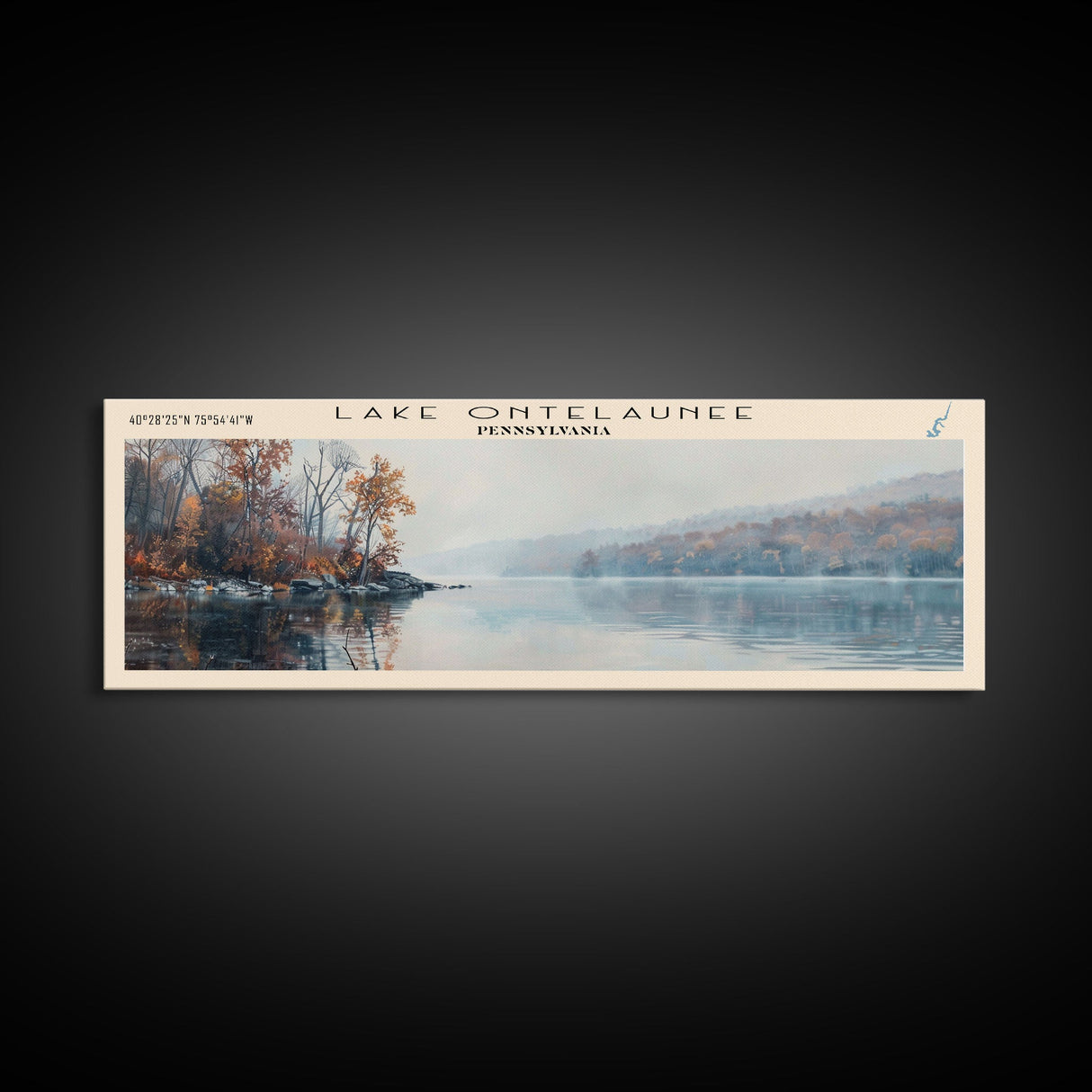 Lake Ontelaunee Pennsylvania Framed Canvas Print, Lake House Decor, Panoramic Wall Art, Travel Poster, Beautiful Landscape Painting, Modern Art