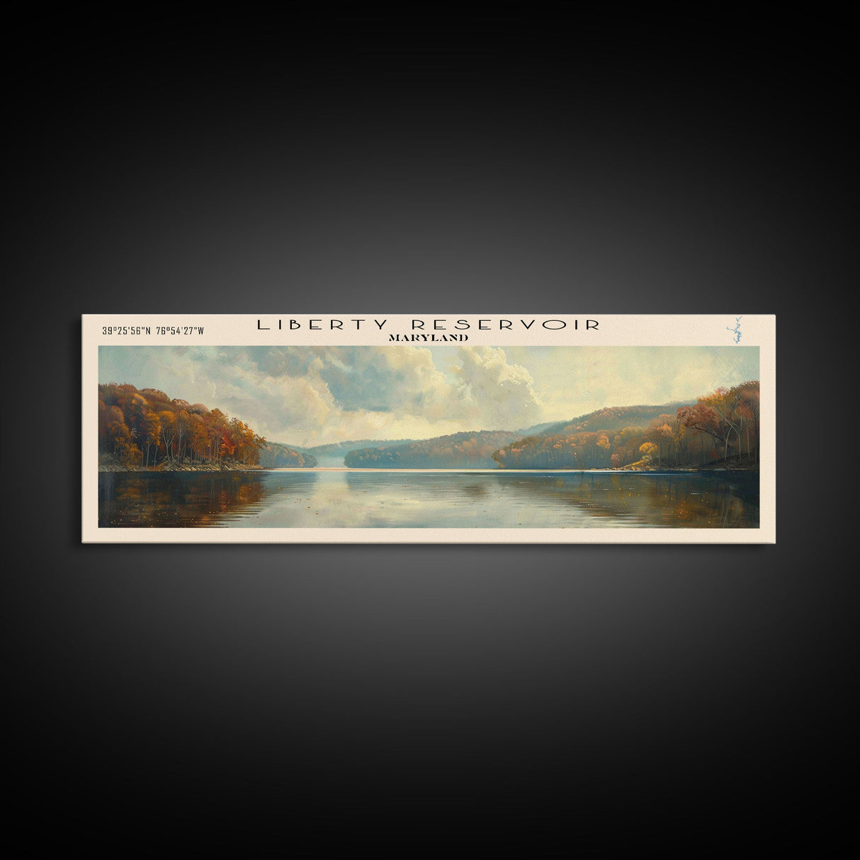 Liberty Reservoir Framed Canvas Print, Lake House Decor, Panoramic Wall Art, Travel Poster, Beautiful Landscape Painting, Rustic Art