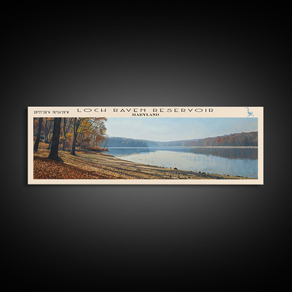 Loch Raven Reservoir Maryland Framed Canvas Print, Lake House Decor, Panoramic Wall Art, Travel Poster, Landscape Painting, Contemporary Art