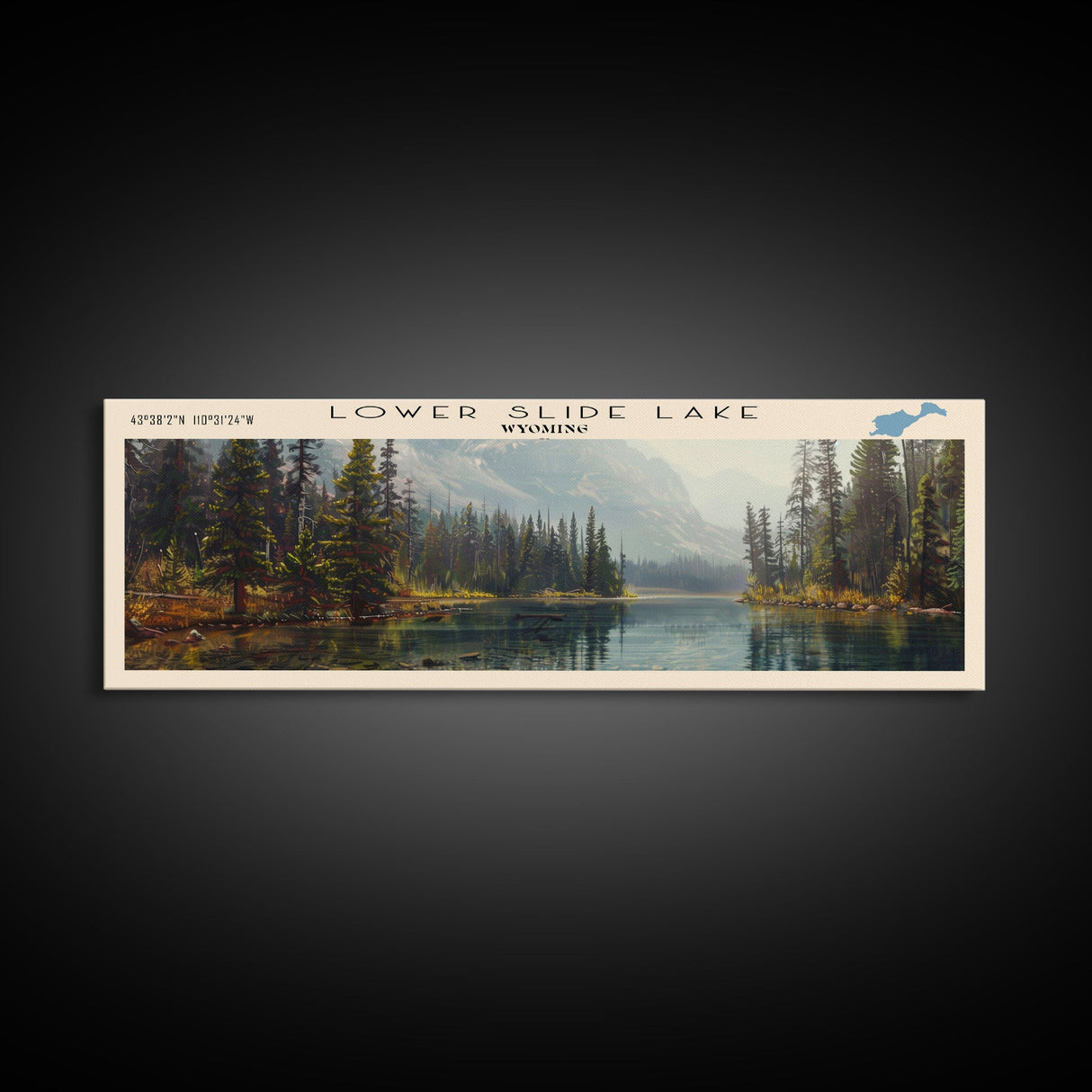 Lower Slide Lake Wyoming Framed Canvas Print, Lake House Decor, Panoramic Wall Art, Travel Poster, Landscape Painting, Bedroom Decor