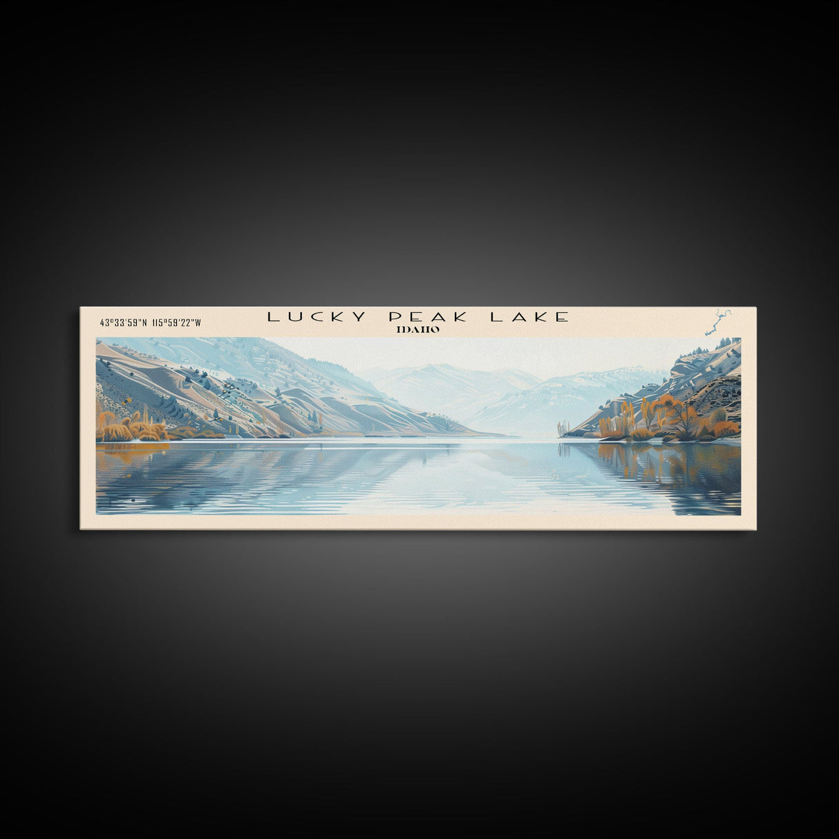 Lucky Peak Lake Idaho Framed Canvas Print, Lake House Decor, Panoramic Wall Art, Travel Poster, Landscape Painting, Modern Art