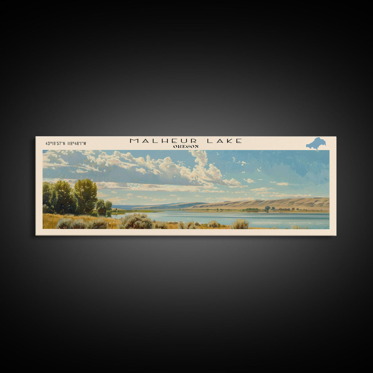 Malheur Lake Framed Canvas Print, Lake House Decor, Panoramic Wall Art, Travel Poster, Landscape Painting, Contemporary Art