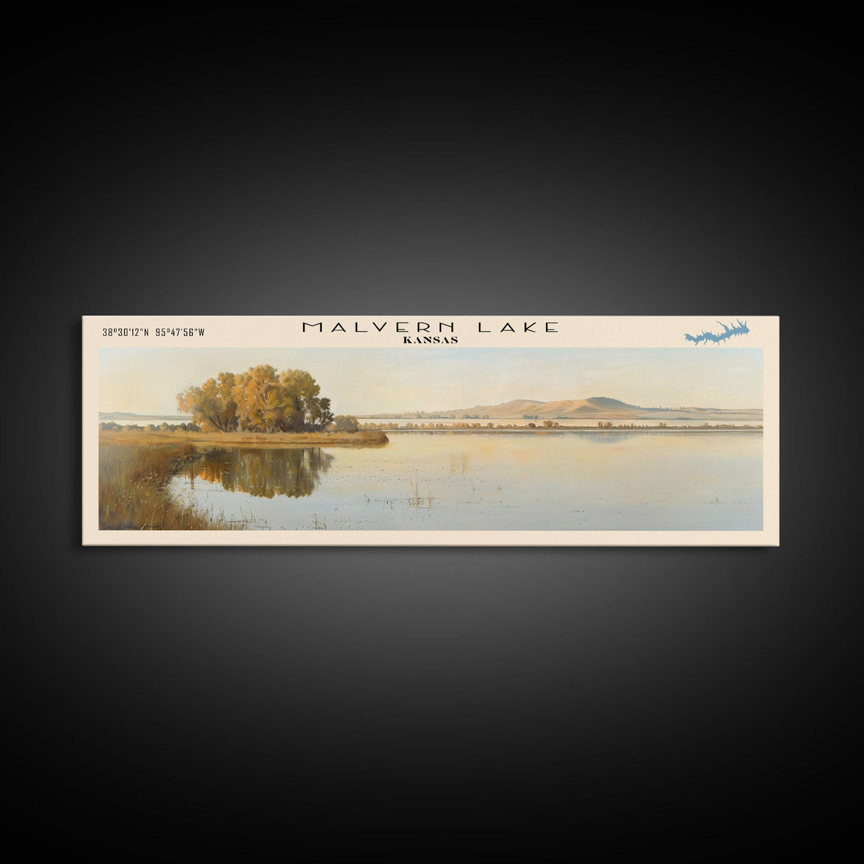 Malvern Lake Kansas Framed Canvas Print, Lake House Decor, Panoramic Wall Art, Travel Poster, Landscape Painting, Bedroom Decor