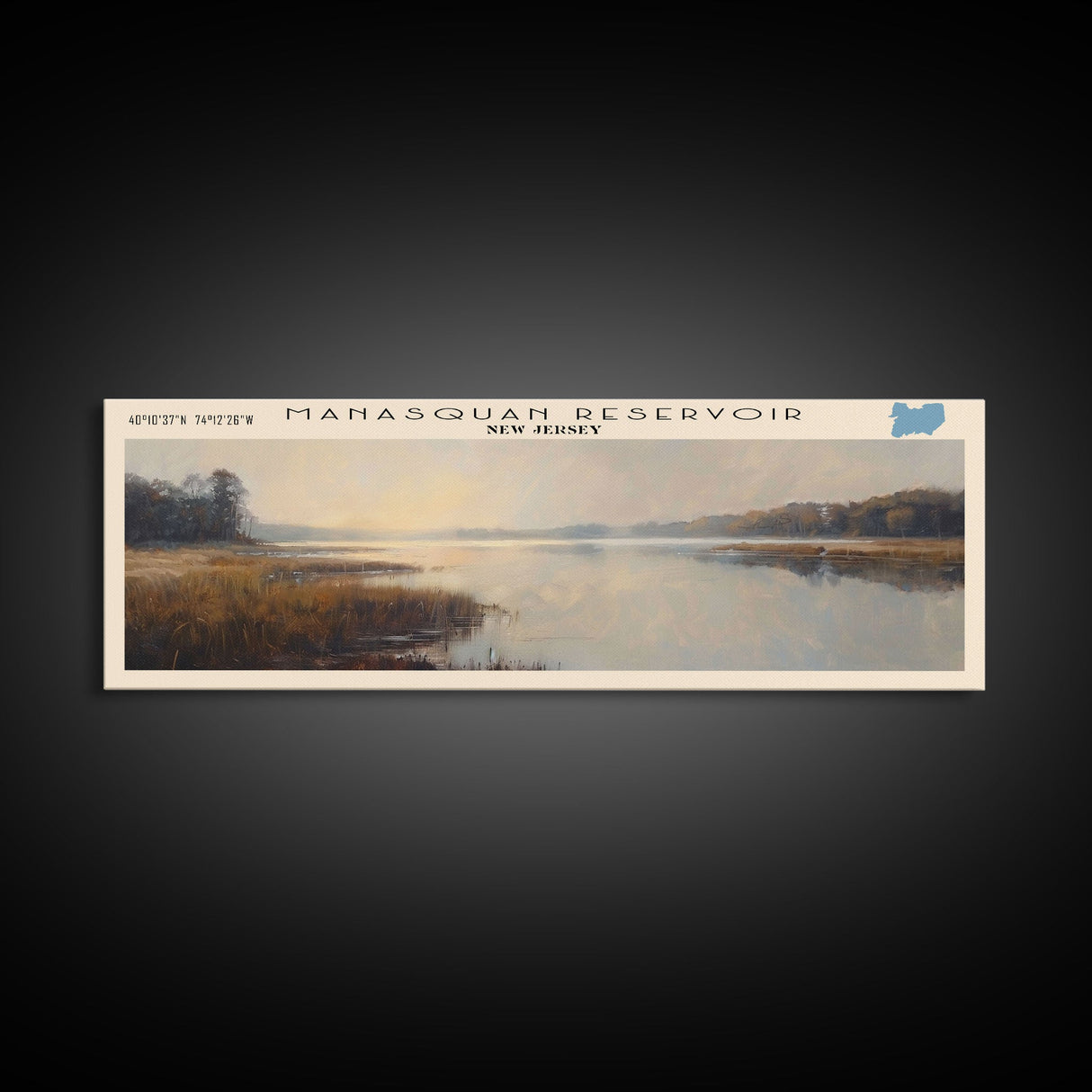 Manasquan Reservoir New Jersey Framed Canvas Print, Lake House Decor, Panoramic Wall Art, Travel Poster, Beautiful Landscape Painting, Modern Art