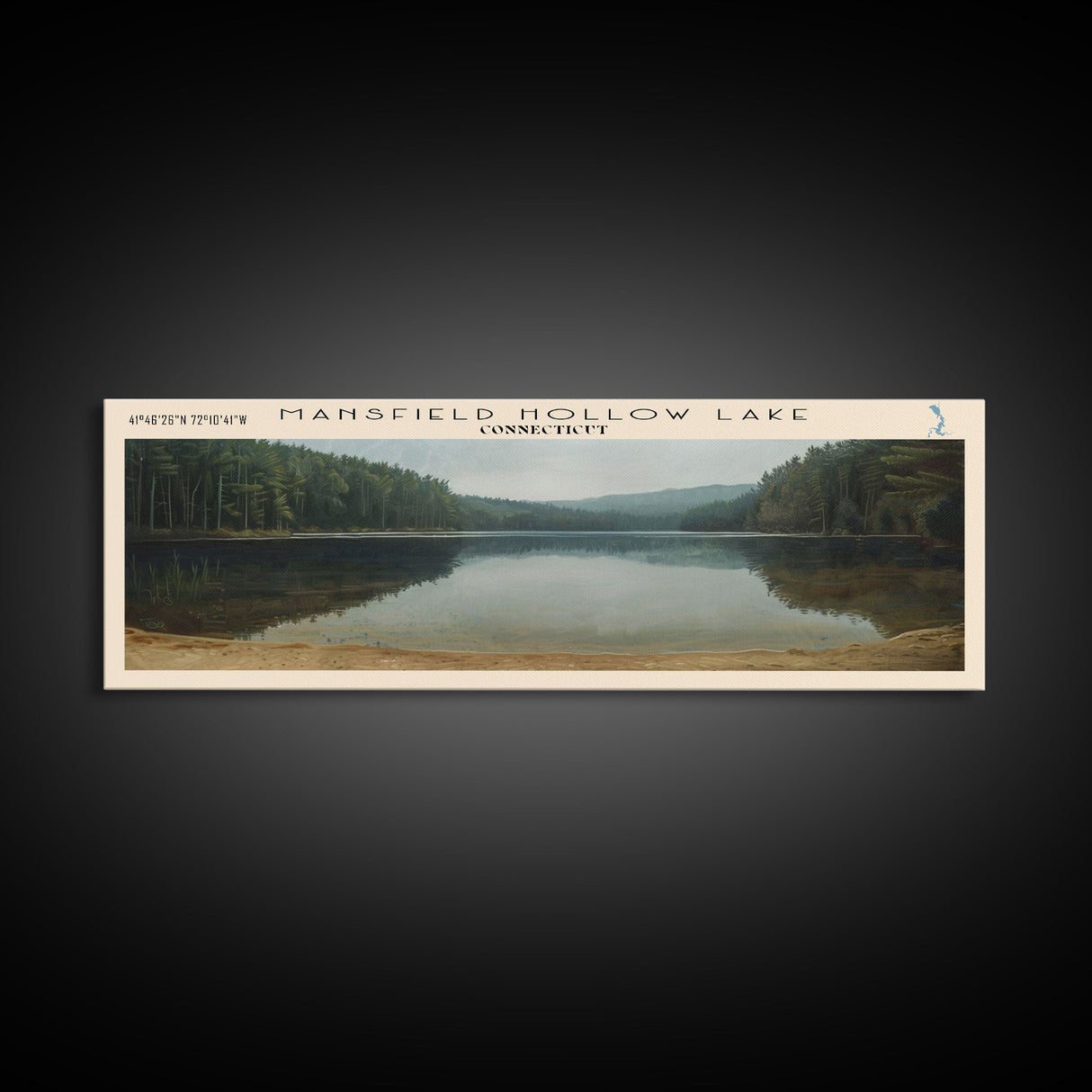 Mansfield Hollow Lake Connecticut Framed Canvas Print, Lake House Decor, Panoramic Wall Art, Travel Poster, Landscape Painting, Contemporary Art