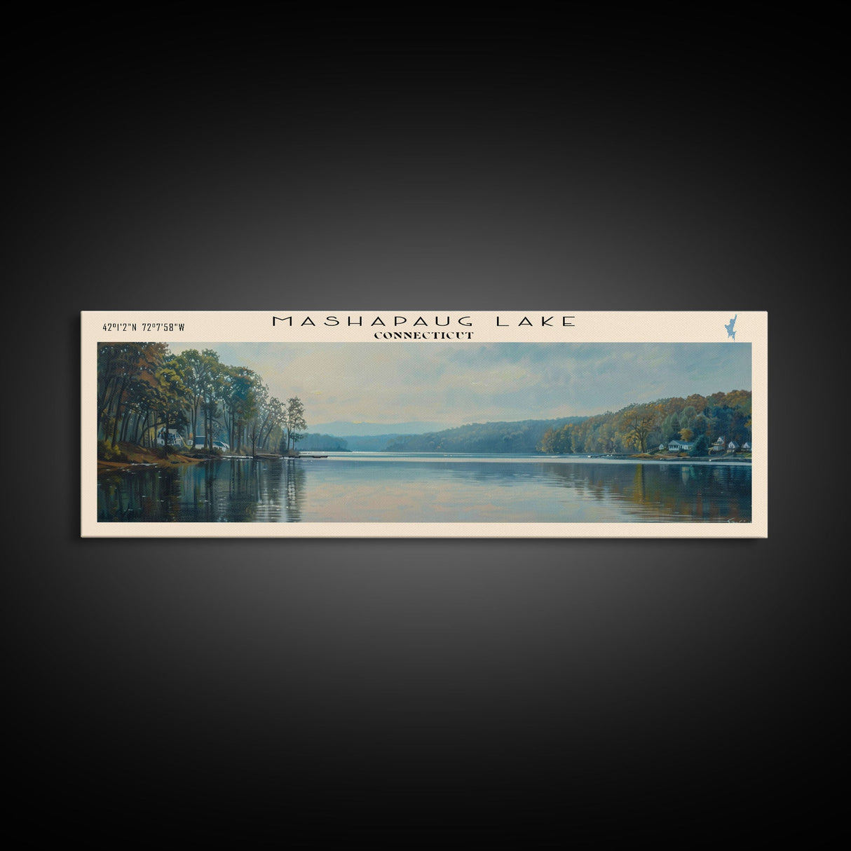 Mashapaug Lake Connecticut Framed Canvas Print, Lake House Decor, Panoramic Wall Art, Travel Poster, Beautiful Landscape Painting, Living Room Decor