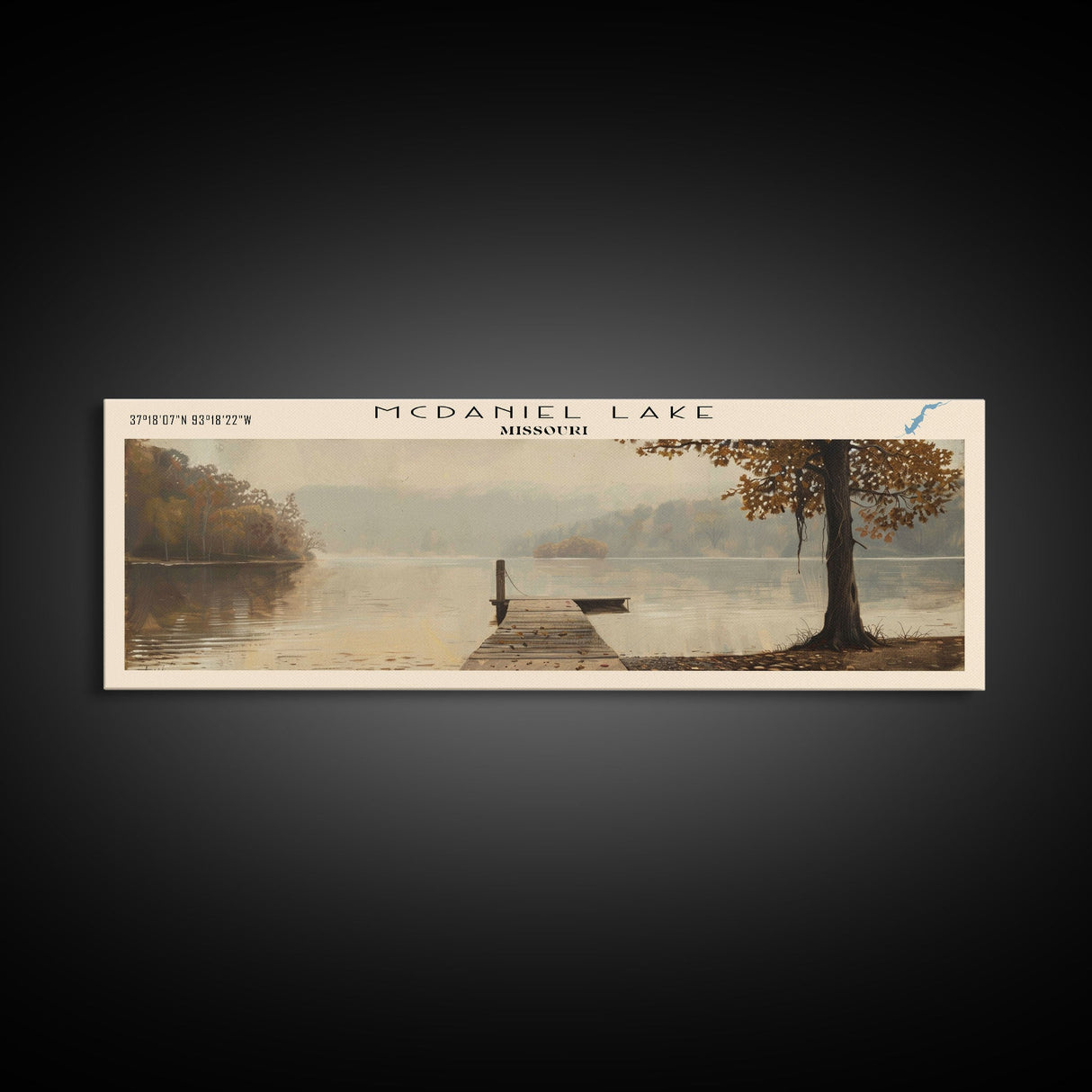 McDaniel Lake Missouri Framed Canvas Print, Lake House Decor, Panoramic Wall Art, Travel Poster, Scenic Landscape Painting, Contemporary Art