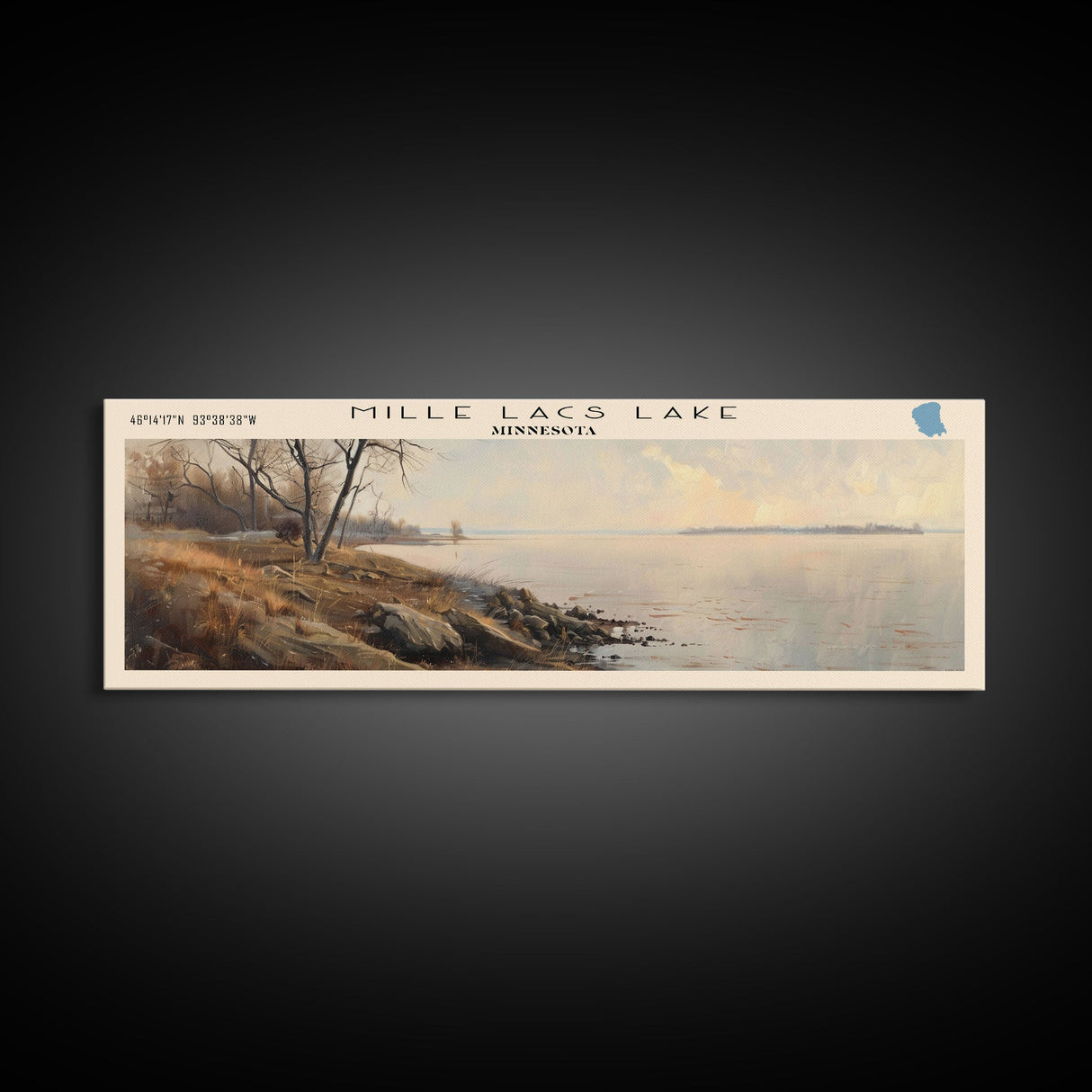 Mille Lacs Lake Framed Canvas Print, Lake House Decor, Panoramic Wall Art, Travel Poster, Landscape Painting, Contemporary Art