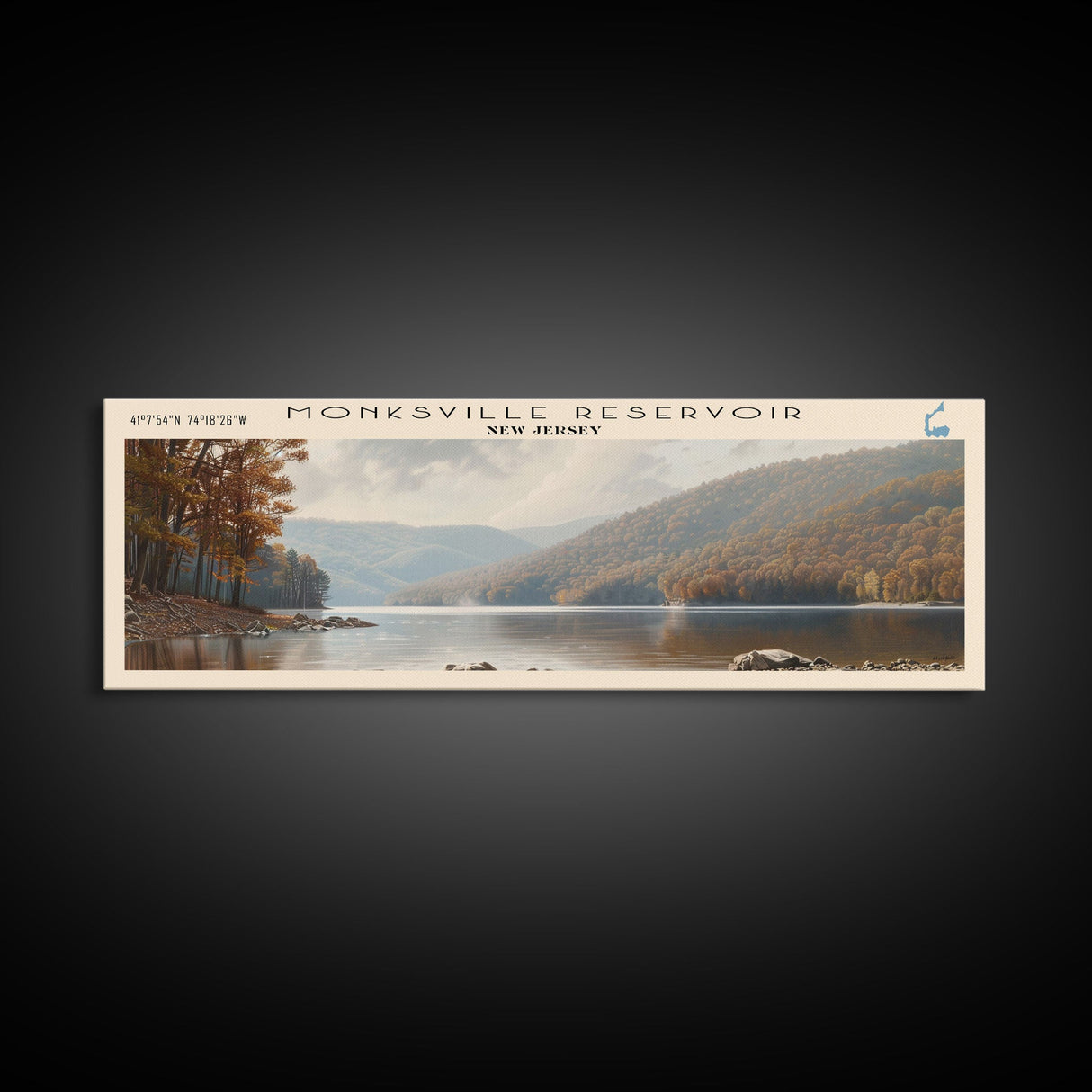 Monksville Reservoir New Jersey Framed Canvas Print, Lake House Decor, Panoramic Wall Art, Travel Poster, Landscape Painting, Bedroom Decor