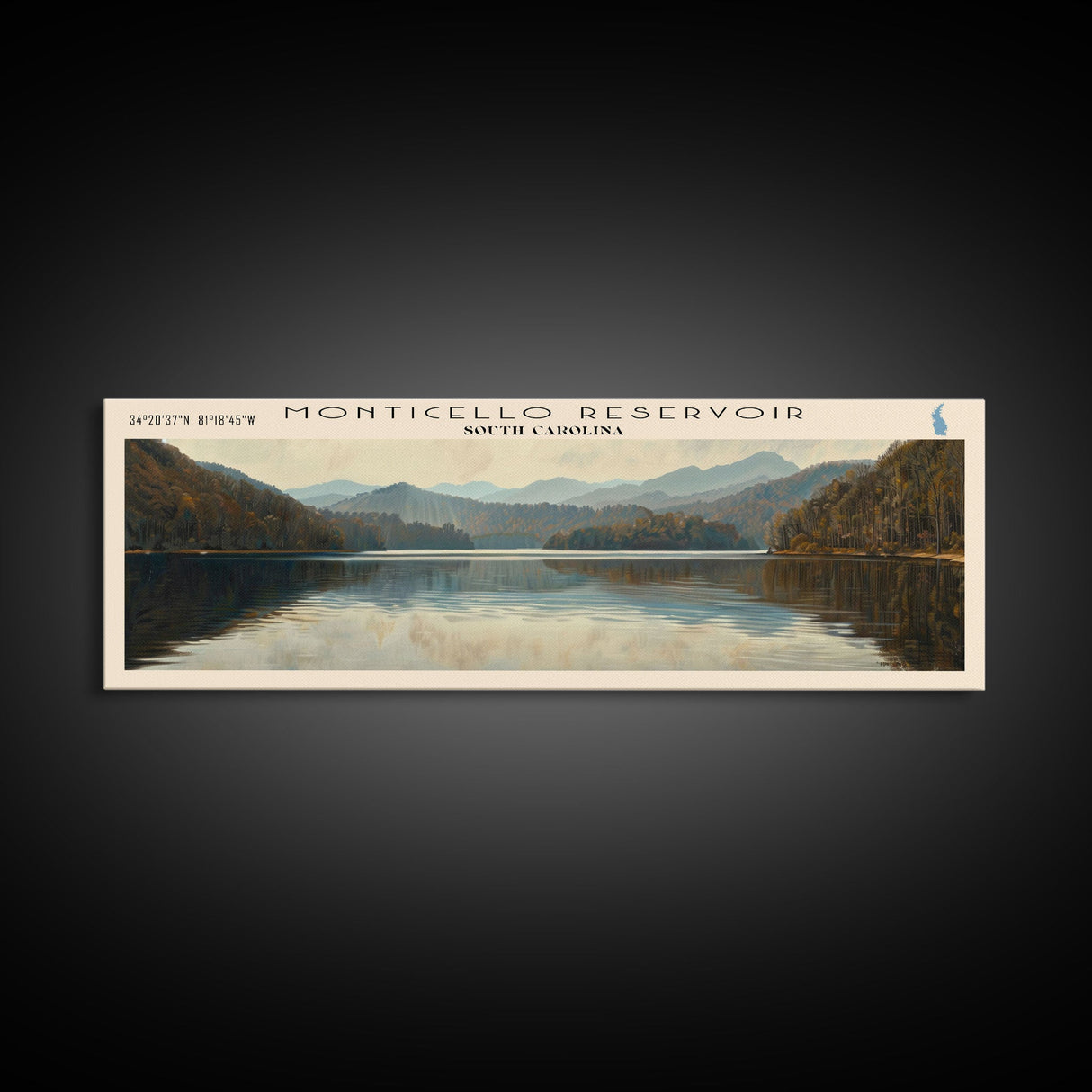 Monticello Reservoir South Carolina Framed Canvas Print, Lake House Decor, Panoramic Wall Art, Travel Poster, Scenic Landscape Painting, Contemporary Art