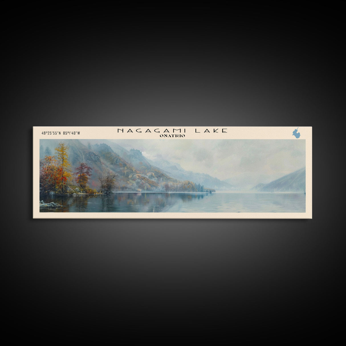 Nagagami Lake Framed Canvas Print, Lake House Decor, Panoramic Wall Art, Travel Poster, Landscape Painting, Bedroom Decor