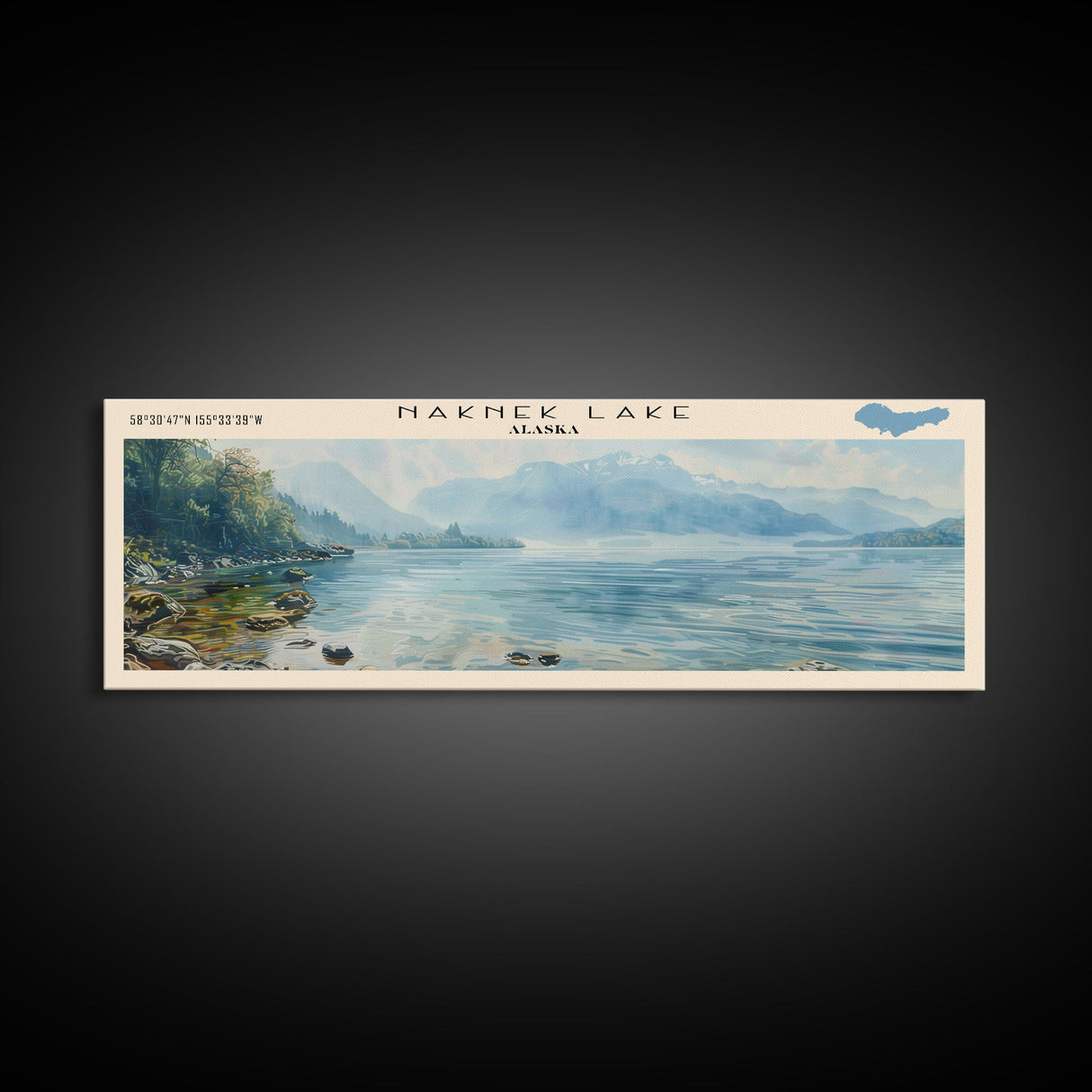 Naknek Lake Framed Canvas Print, Lake House Decor, Panoramic Wall Art, Travel Poster, Landscape Painting, Modern Art