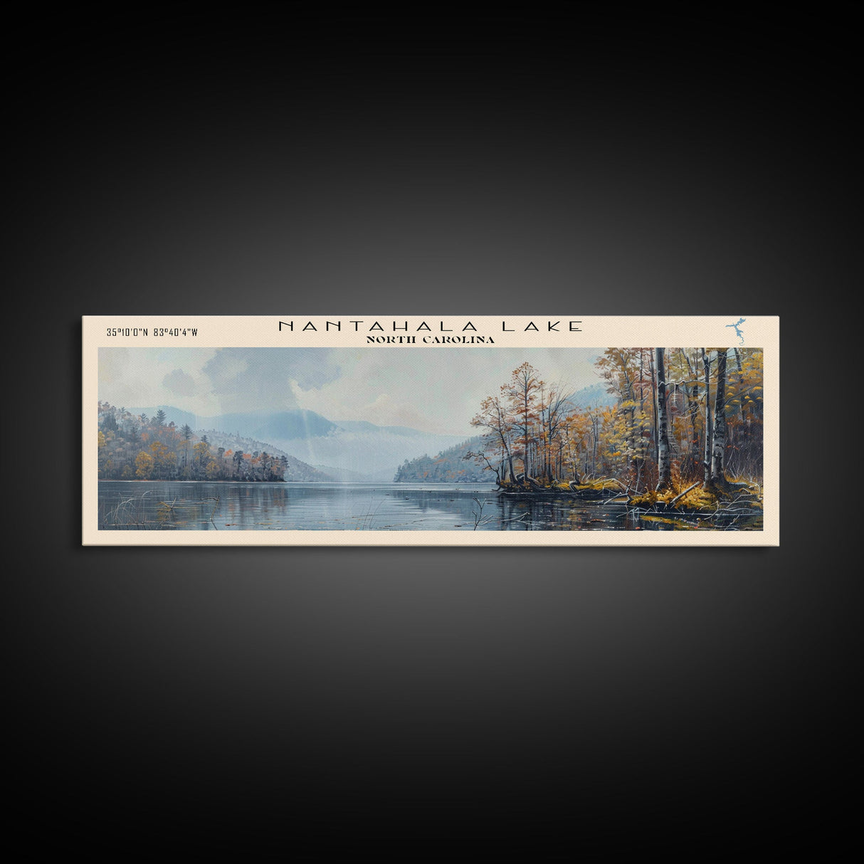 Nantahala Lake North Carolina Framed Canvas Print, Lake House Decor, Panoramic Wall Art, Travel Poster, Scenic Landscape Painting, Contemporary Art