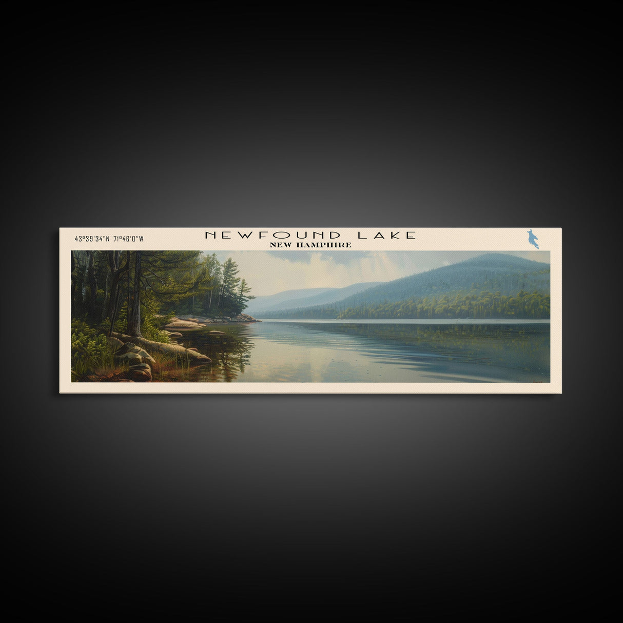 Newfound Lake New Hampshire Framed Canvas Print, Lake House Decor, Panoramic Wall Art, Travel Poster, Scenic Landscape Painting, Contemporary Art