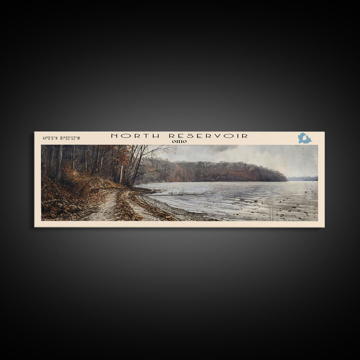 North Reservoir Ohio Framed Canvas Print, Lake House Decor, Panoramic Wall Art, Travel Poster, Landscape Painting, Contemporary Art