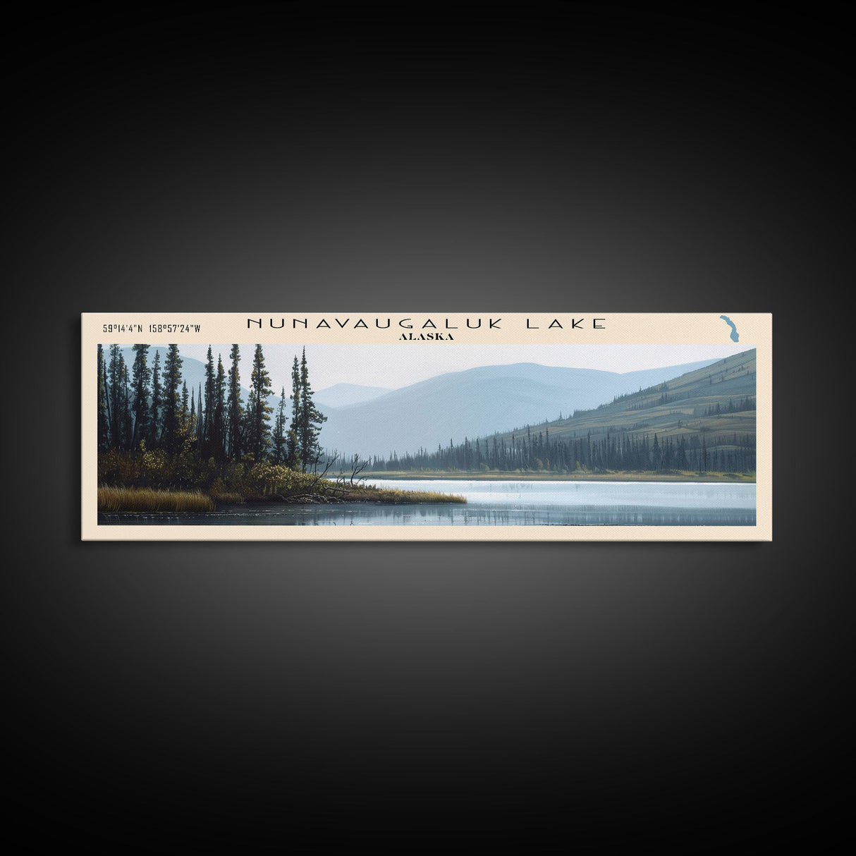 Nunavaugaluk Lake Framed Canvas Print, Lake House Decor, Panoramic Wall Art, Travel Poster, Landscape Painting, Bedroom Decor