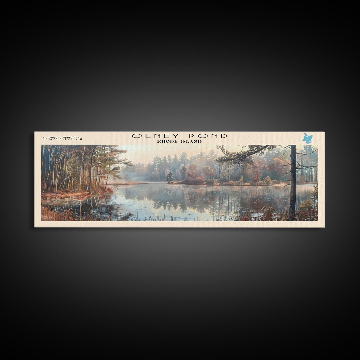 Olney Pond Rhode Island Framed Canvas Print, Lake House Decor, Panoramic Wall Art, Travel Poster, Landscape Painting, Bedroom Decor