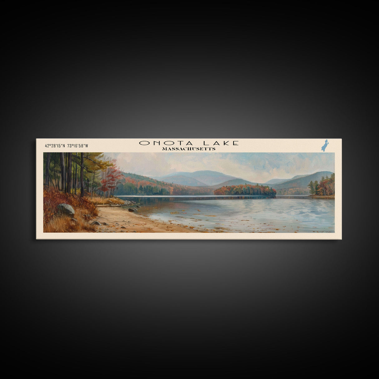 Onota Lake Massachusetts Framed Canvas Print, Lake House Decor, Panoramic Wall Art, Travel Poster, Landscape Painting, Modern Art