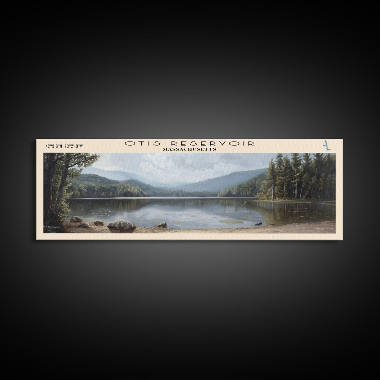 Otis Reservoir Massachusetts Framed Canvas Print, Lake House Decor, Panoramic Wall Art, Travel Poster, Landscape Painting, Bedroom Decor