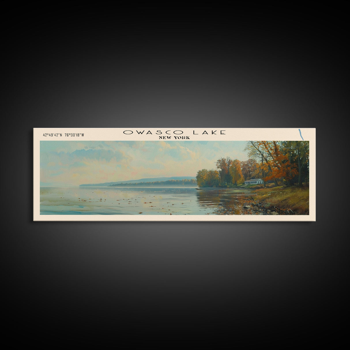 Owasco Lake New York Framed Canvas Print, Lake House Decor, Panoramic Wall Art, Travel Poster, Beautiful Landscape Painting, Modern Art